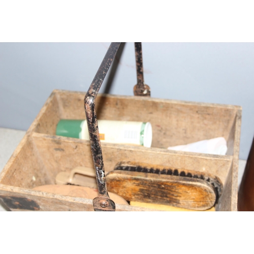 1740 - Vintage shoe shine brushes, 2 vintage trugs, a wooden magazine rack and a copper coal scuttle and so... 