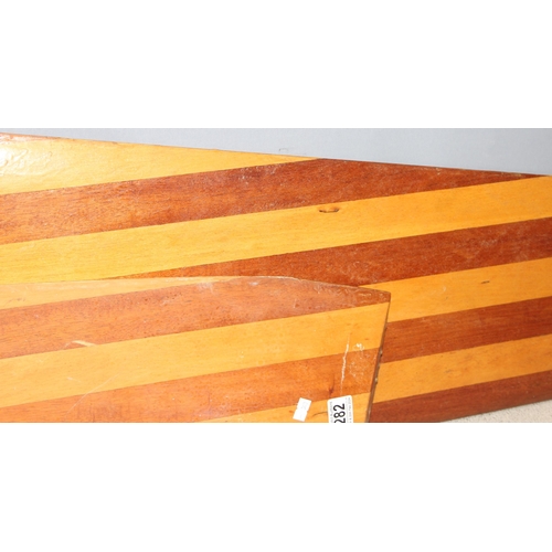 282 - Vintage centre board and rudder, possibly from a racing dinghy, largest approx. 135cm x 45cm