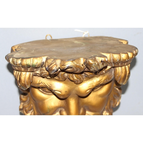 285 - Large 19c gilt plaster “Green Man” decorative wall bracket with fixings, approx 30 cm tall