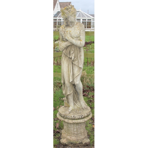 308 - A weathered concrete garden statue of a classical female on column stand, approx 154cm inc base