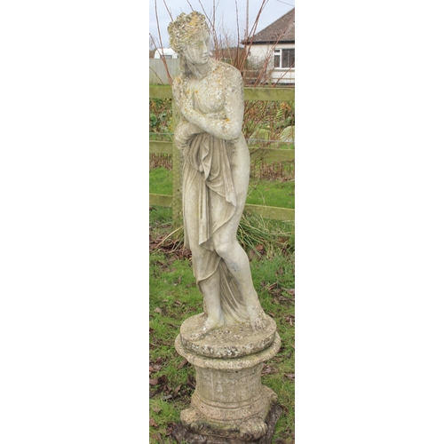 308 - A weathered concrete garden statue of a classical female on column stand, approx 154cm inc base