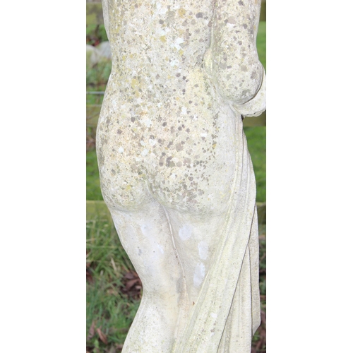 308 - A weathered concrete garden statue of a classical female on column stand, approx 154cm inc base