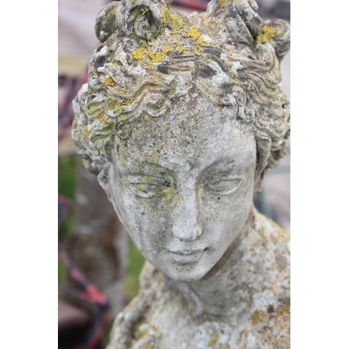 308 - A weathered concrete garden statue of a classical female on column stand, approx 154cm inc base