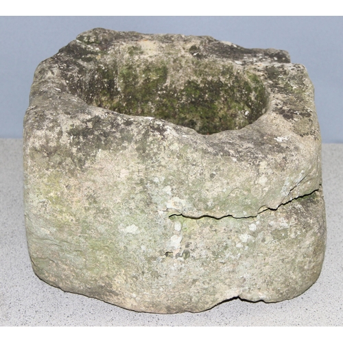 313 - An antique stone mortar, likely York stone, 19th century or earlier, approx 30cm square