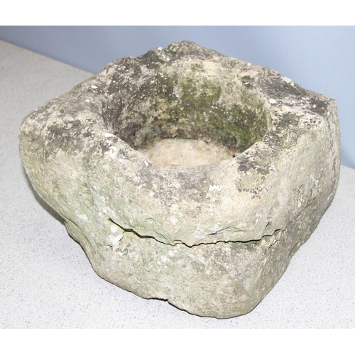 313 - An antique stone mortar, likely York stone, 19th century or earlier, approx 30cm square