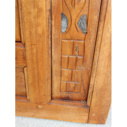 430 - A vintage carved wooden shutter wall mirror, approx 80cm x 90cm,