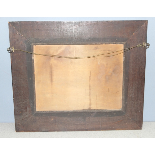 432 - 1920’s rectangular dark oak carved frieze bevelled glass wall mirror, approx 68cm x 58cm