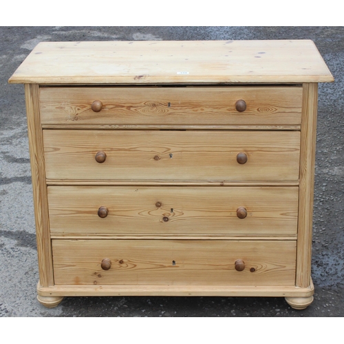 159 - Vintage pine 4 drawer chest of drawers standing on bun feet, approx 103cm wide x 54cm deep x 85cm ta... 