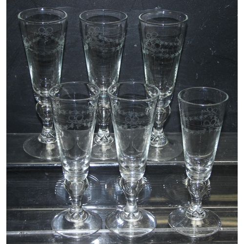 1678 - Set of 6 handblown Champagne flutes with etched 'Antik' pattern design, strongly believed to be by S... 