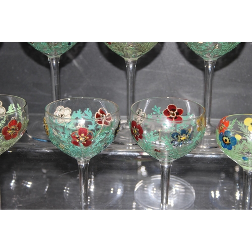 1680 - Qty of vintage hand-painted stemmed liqueur glasses in the style of Moser (set of 10, and 5)