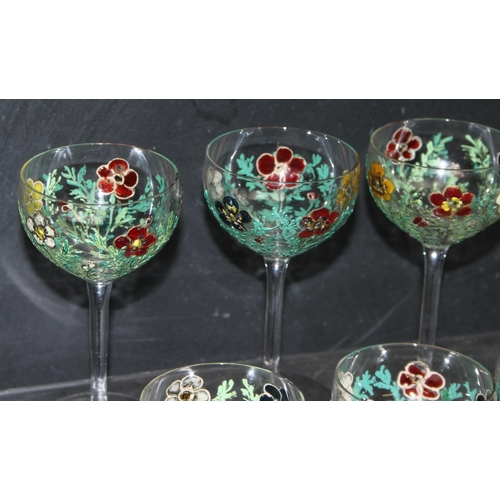 1680 - Qty of vintage hand-painted stemmed liqueur glasses in the style of Moser (set of 10, and 5)