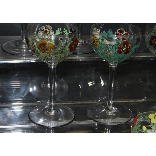 1680 - Qty of vintage hand-painted stemmed liqueur glasses in the style of Moser (set of 10, and 5)