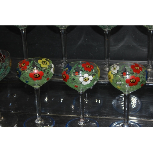 1680 - Qty of vintage hand-painted stemmed liqueur glasses in the style of Moser (set of 10, and 5)