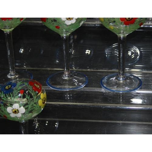 1680 - Qty of vintage hand-painted stemmed liqueur glasses in the style of Moser (set of 10, and 5)