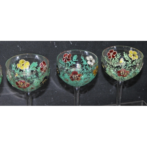 1680 - Qty of vintage hand-painted stemmed liqueur glasses in the style of Moser (set of 10, and 5)