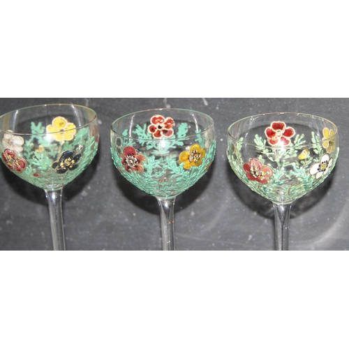 1680 - Qty of vintage hand-painted stemmed liqueur glasses in the style of Moser (set of 10, and 5)