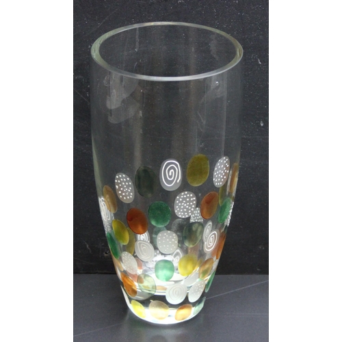 1682 - Handblown glass vase with colourful painted design, approx 24cm tall `