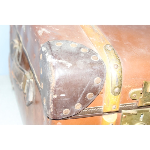 172 - Vintage wooden and brass bound canvas steamer trunk, approx 92cm x 34cm x 59cm (1 of 2 in the sale)