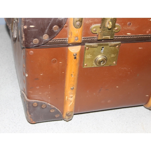 172 - Vintage wooden and brass bound canvas steamer trunk, approx 92cm x 34cm x 59cm (1 of 2 in the sale)