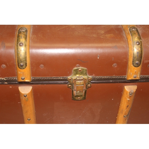 172 - Vintage wooden and brass bound canvas steamer trunk, approx 92cm x 34cm x 59cm (1 of 2 in the sale)