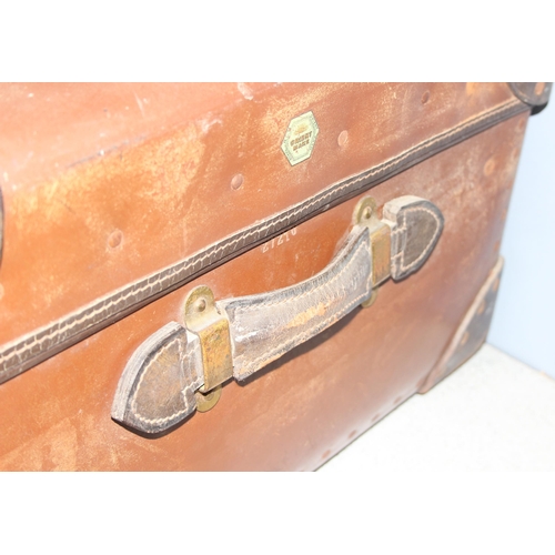 172 - Vintage wooden and brass bound canvas steamer trunk, approx 92cm x 34cm x 59cm (1 of 2 in the sale)