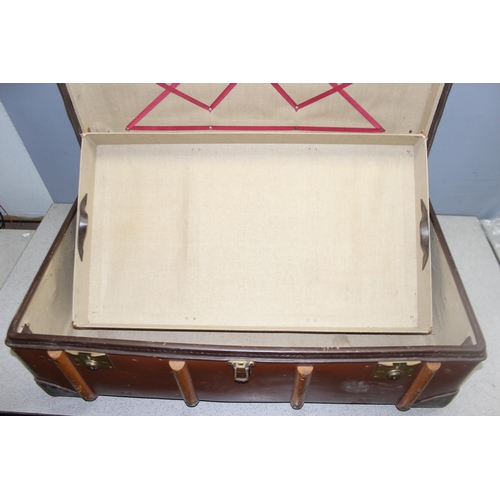 172 - Vintage wooden and brass bound canvas steamer trunk, approx 92cm x 34cm x 59cm (1 of 2 in the sale)