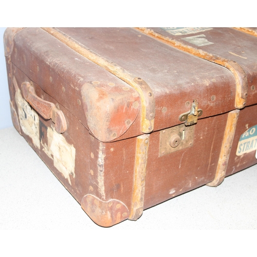 173 - Vintage wooden and brass bound canvas steamer trunk, approx 92cm x 34cm x 59cm (2 of 2 in the sale)