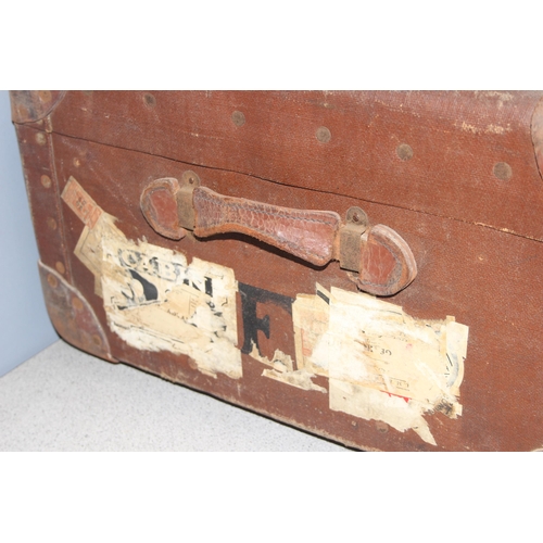 173 - Vintage wooden and brass bound canvas steamer trunk, approx 92cm x 34cm x 59cm (2 of 2 in the sale)