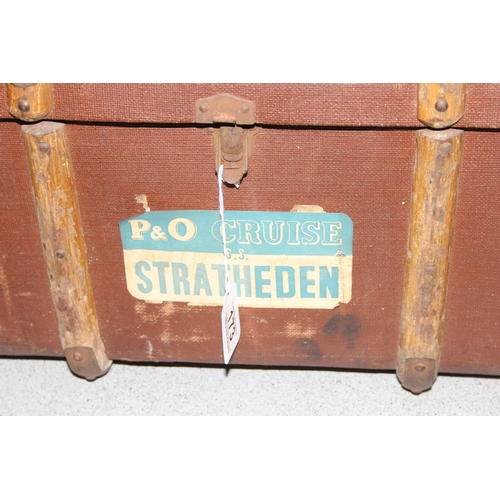 173 - Vintage wooden and brass bound canvas steamer trunk, approx 92cm x 34cm x 59cm (2 of 2 in the sale)