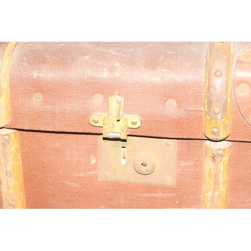 173 - Vintage wooden and brass bound canvas steamer trunk, approx 92cm x 34cm x 59cm (2 of 2 in the sale)