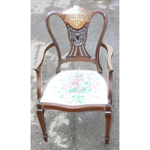 174 - A highly decorative inlaid and carved wooden armchair, 19th century, approx 55cm wide x 48cm deep x ... 