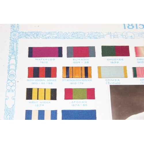 439 - Framed silk print and a display of 'Actual War Medal Ribbons Officially Issued to British Army, 1815... 