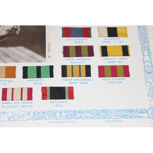 439 - Framed silk print and a display of 'Actual War Medal Ribbons Officially Issued to British Army, 1815... 