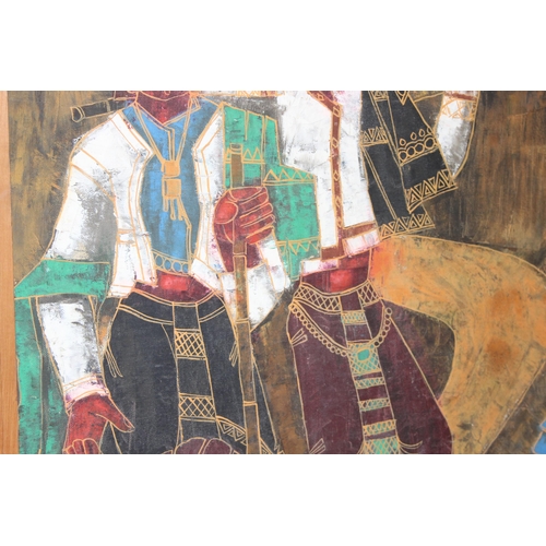 441 - A. A. Khan (Bombay School - XX): Large colourful mid-century framed oil on canvas titled 'Gossiping,... 