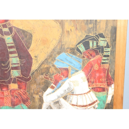 441 - A. A. Khan (Bombay School - XX): Large colourful mid-century framed oil on canvas titled 'Gossiping,... 