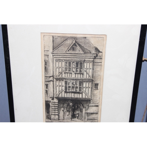 445 - 2 framed etchings, one of Temple Library, London, and St. Bartholomew's Gatehouse, indistinctly sign... 