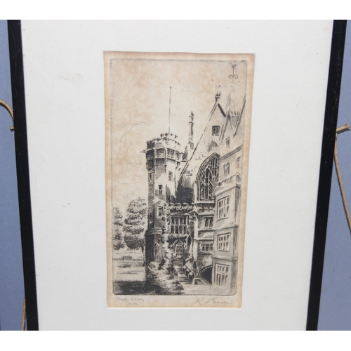 445 - 2 framed etchings, one of Temple Library, London, and St. Bartholomew's Gatehouse, indistinctly sign... 