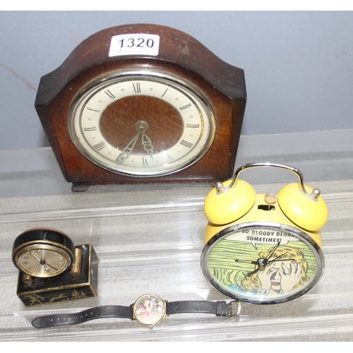 1320 - 4 vintage clocks and a retro style watch