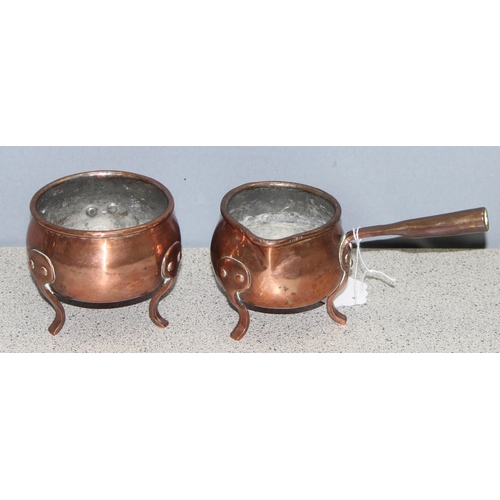 1602 - An Arts & Crafts period copper warming pan with handle and a similar round bowl, possibly a milk and... 