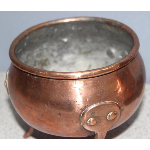 1602 - An Arts & Crafts period copper warming pan with handle and a similar round bowl, possibly a milk and... 