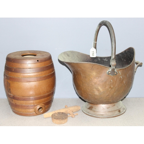 1760 - Antique copper helmet shaped coal scuttle, and a stoneware cider barrel, largest approx 35cm tall