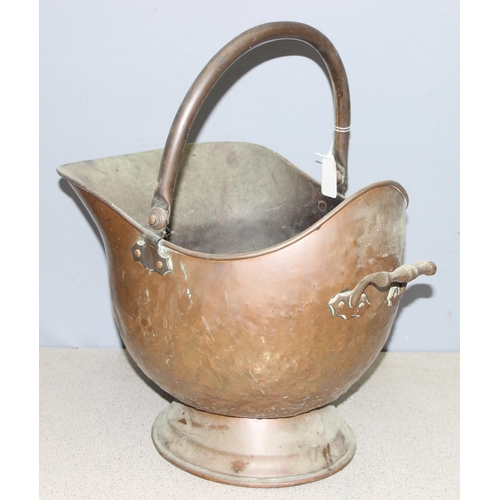 1760 - Antique copper helmet shaped coal scuttle, and a stoneware cider barrel, largest approx 35cm tall