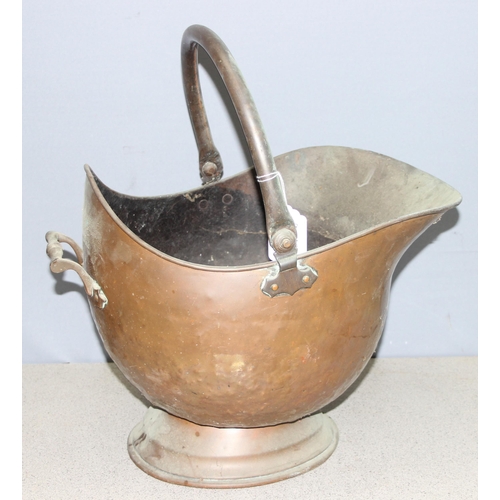 1760 - Antique copper helmet shaped coal scuttle, and a stoneware cider barrel, largest approx 35cm tall