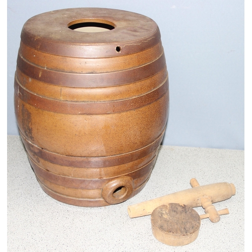 1760 - Antique copper helmet shaped coal scuttle, and a stoneware cider barrel, largest approx 35cm tall