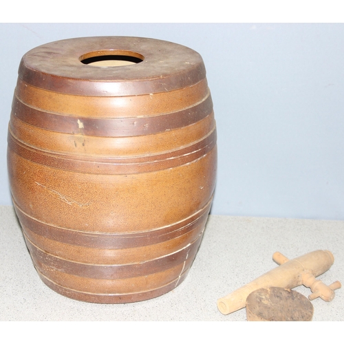 1760 - Antique copper helmet shaped coal scuttle, and a stoneware cider barrel, largest approx 35cm tall