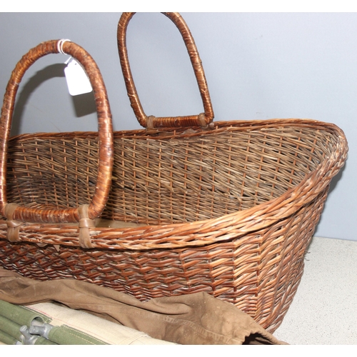 177 - Vintage wicker moses basket and a canvas camp bed