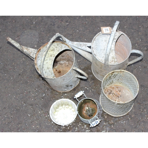 316 - 2 vintage galvanised watering cans and 3 pieces of other metalware (5)