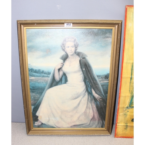 452 - Mixed lot of prints and original artwork to incl a print of the late Queen Elizabeth II, largest app... 