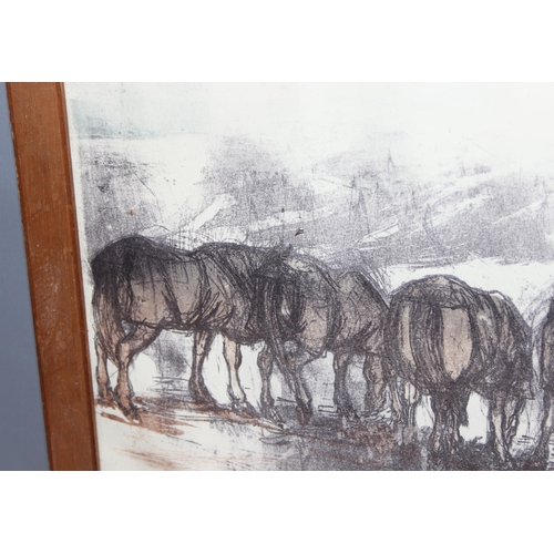 455 - Large pastel print of a group of horses drinking, approx 85 x 64cm