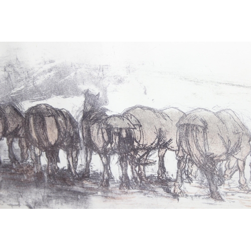 455 - Large pastel print of a group of horses drinking, approx 85 x 64cm